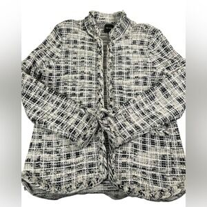 NIC + ZOE Bouclé Tweed Open Front Jacket Black‎ White Braided Fringe Trim Sz L